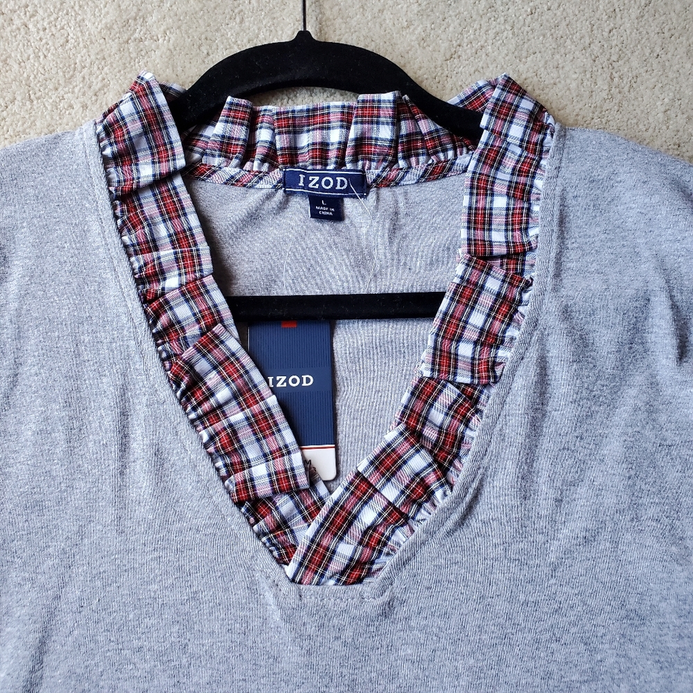 NWT Izod 3/4 Sleeve Top Plaid Ruffle Collar L